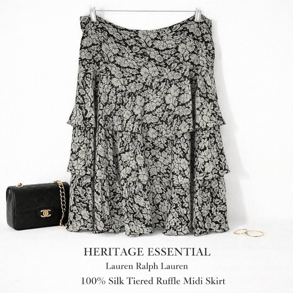 Lauren Ralph Lauren 100% Silk Floral Tiered Midi Skirt Black White Size 12